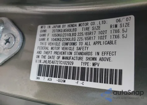 2007 Honda Cr-V Ex-L z USA, uszkodzony, nr VIN JHLRE48727C102929